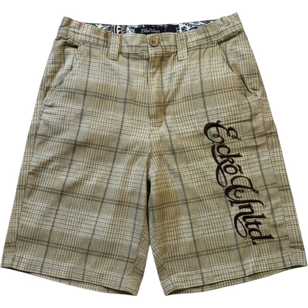 Ecko Unltd Boys Plaid Shorts Tan Green Embroidered Logo Size 12 Adjustable Waist